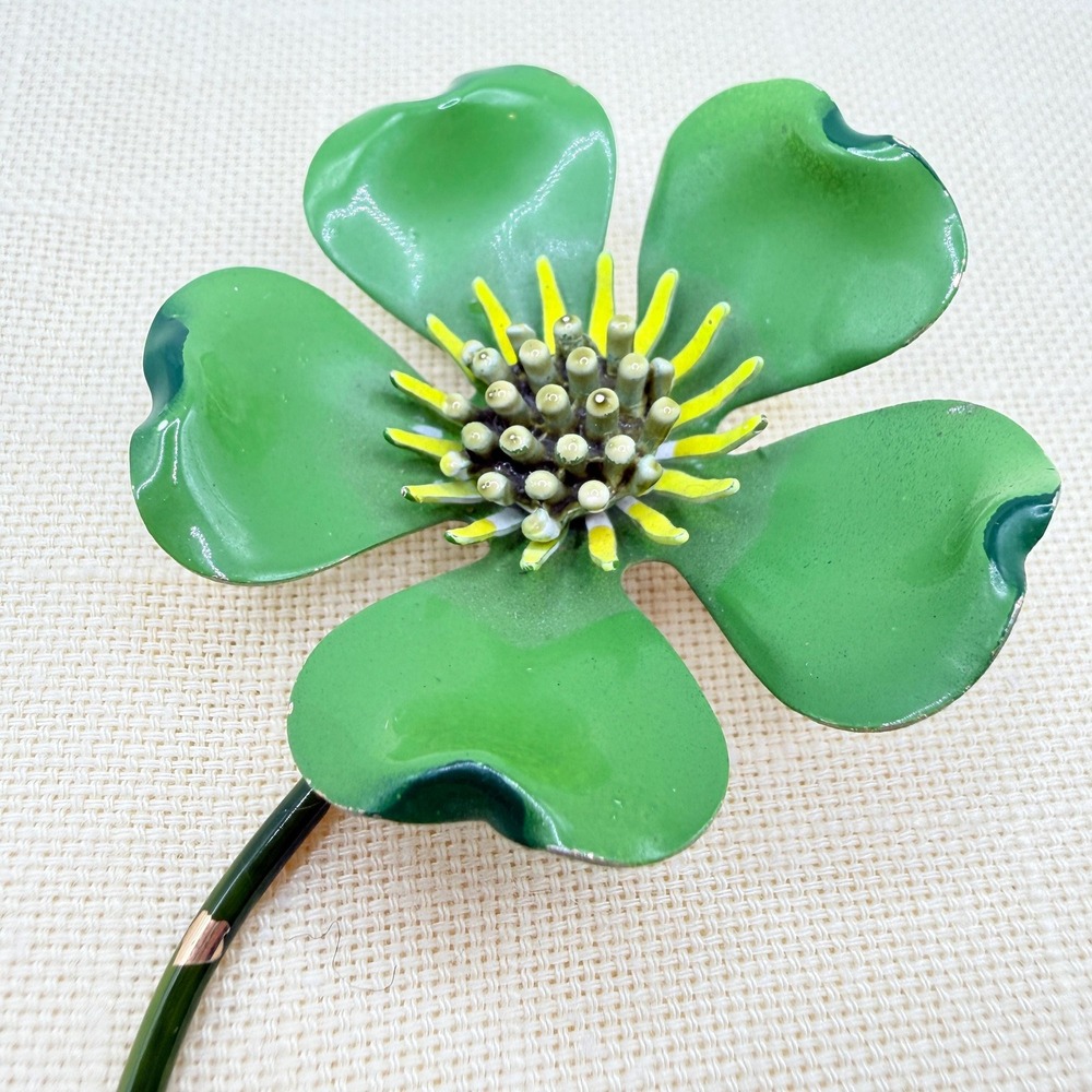 Vintage Retro 60s Oscar Charlin Green Enamel Flower Brooch